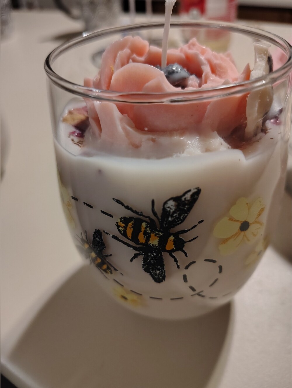SOLD Floral Rose Scented Soy Candle in Bee-Decorated Glass - Pink & White